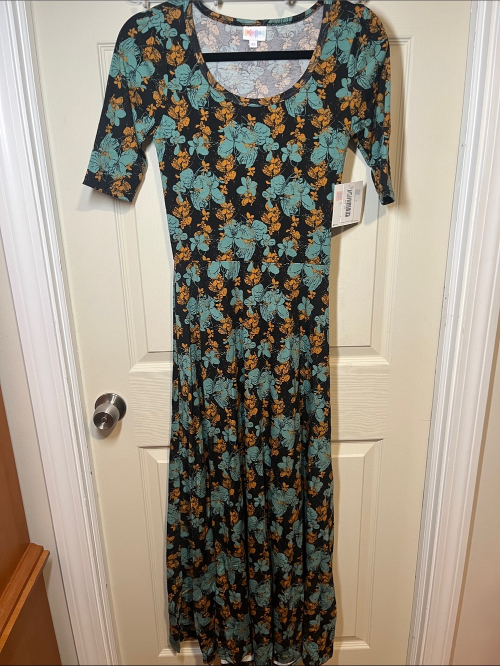 LuLaRoe Black Maxi Dress with Teal & Mustard Floral Print